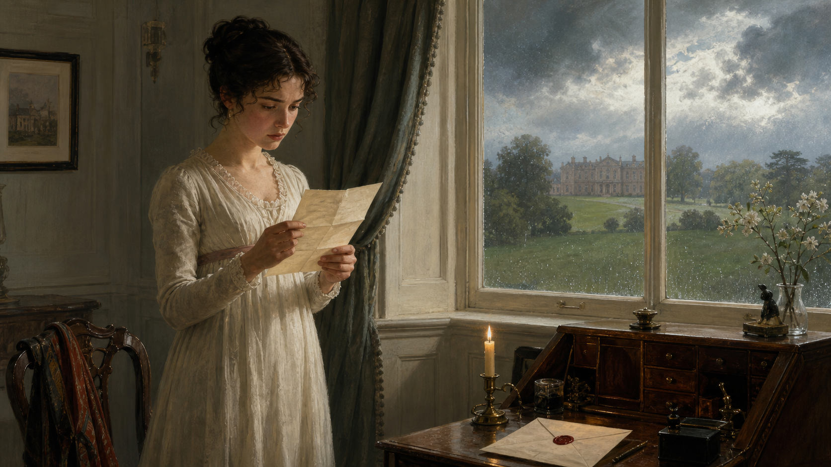 Elizabeth reads Darcy’s letter beside a rain-streaked window at Hunsford, with Rosings in the distance.
