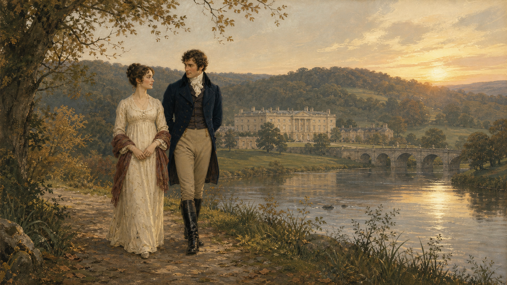 Elizabeth and Darcy walk beside the river on the grounds of Pemberley in the golden light of early autumn.